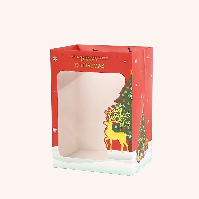 Customized Christmas Paper Gift Packaging Bag with Clear Window Promotional Paper Bag Shopping Bag Kraft Paper Bag Recyclable Paper Bag with Logo Printing