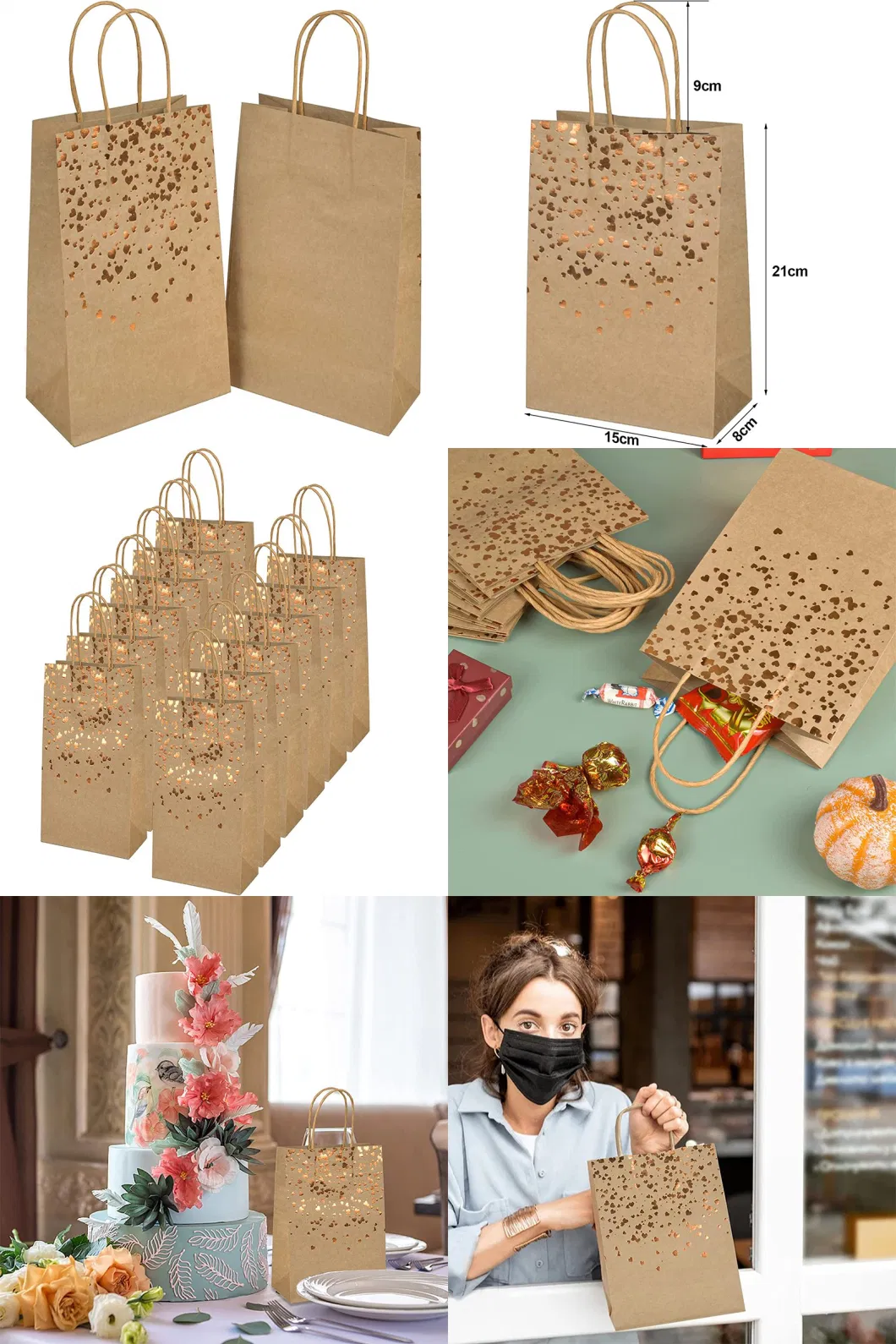 Customized Eco-Friendly Shopping Bag with Golden Heart-Shaped Kraft Paper Gift Bag
